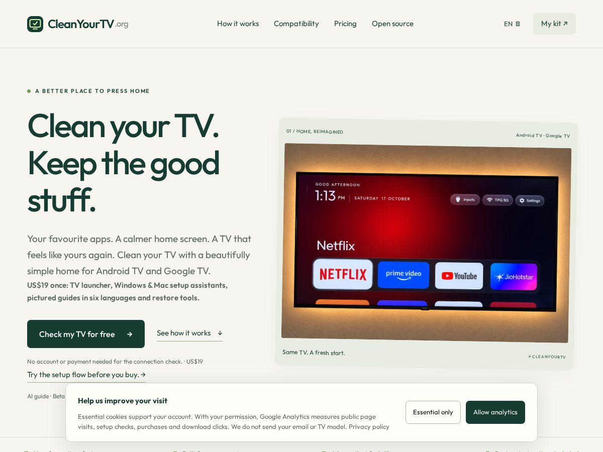 Landing-page snapshot of cleanyourtv.org