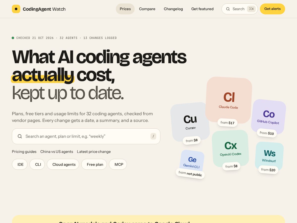 Landing-page snapshot of codingagentwatch.com
