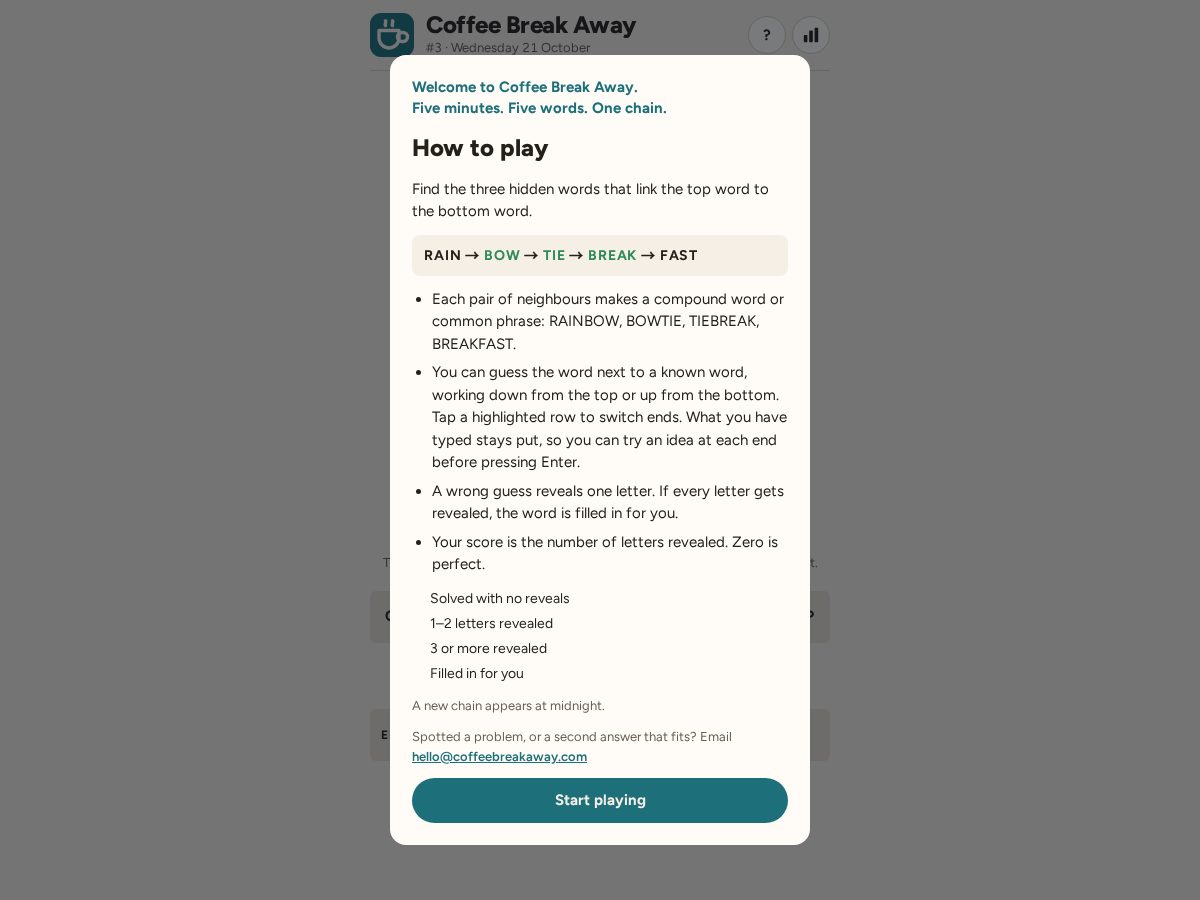 Landing-page snapshot of coffeebreakaway.com