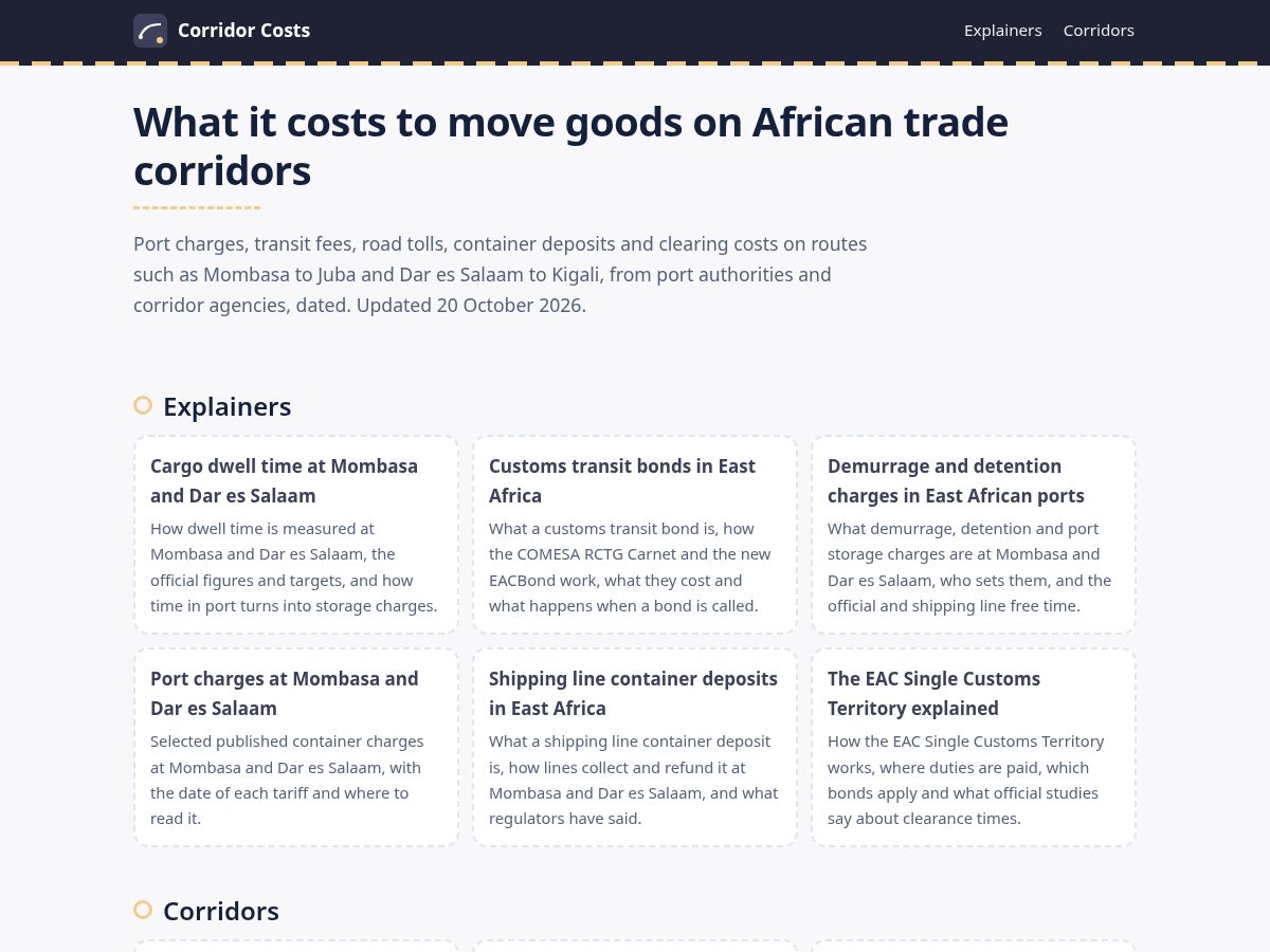 Landing-page snapshot of corridorcosts.org