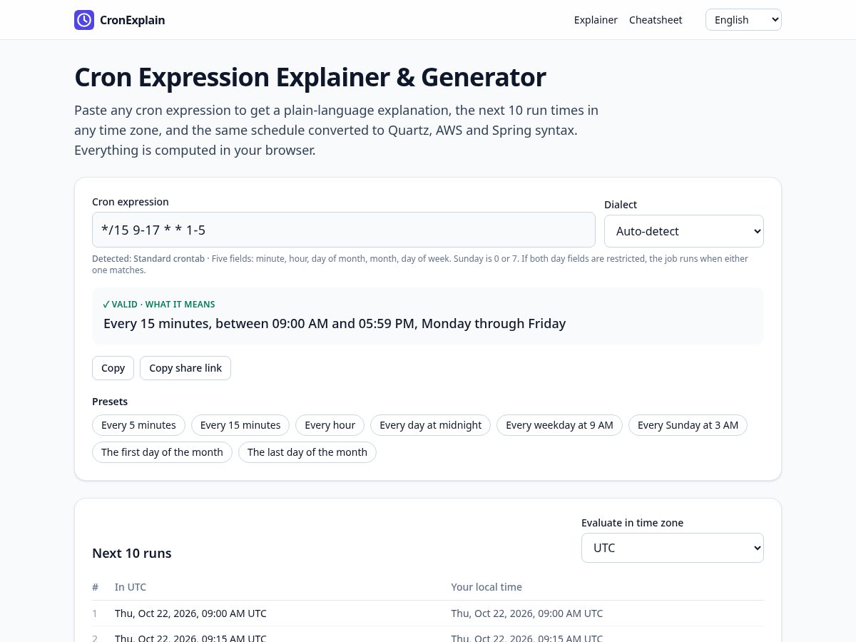 Landing-page snapshot of cronexplain.top
