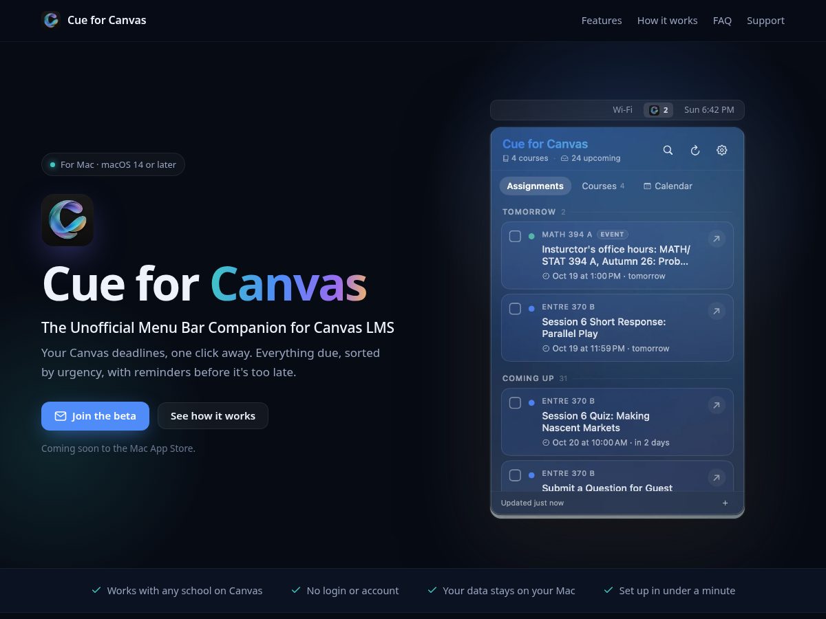 Landing-page snapshot of cueforcanvas.com