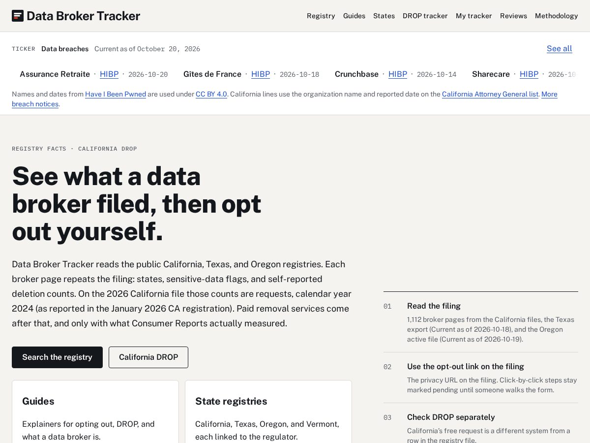 Landing-page snapshot of databrokertracker.com