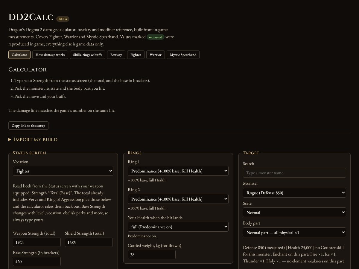 Landing-page snapshot of dd2calc.com