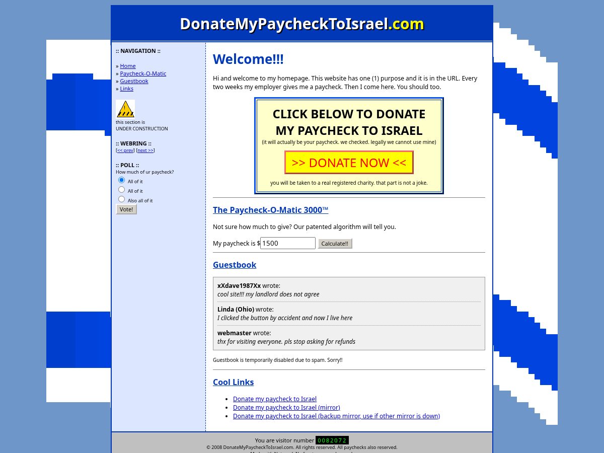 Landing-page snapshot of donatemypaychecktoisrael.com