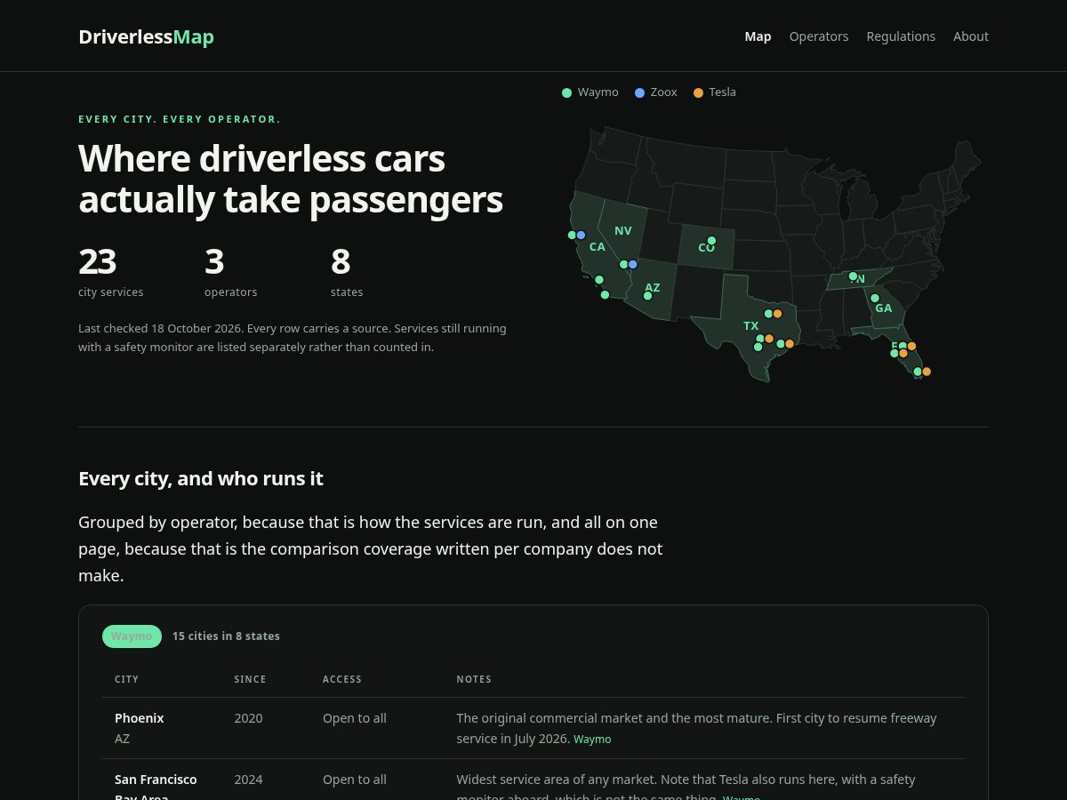 Landing-page snapshot of driverlessmap.com