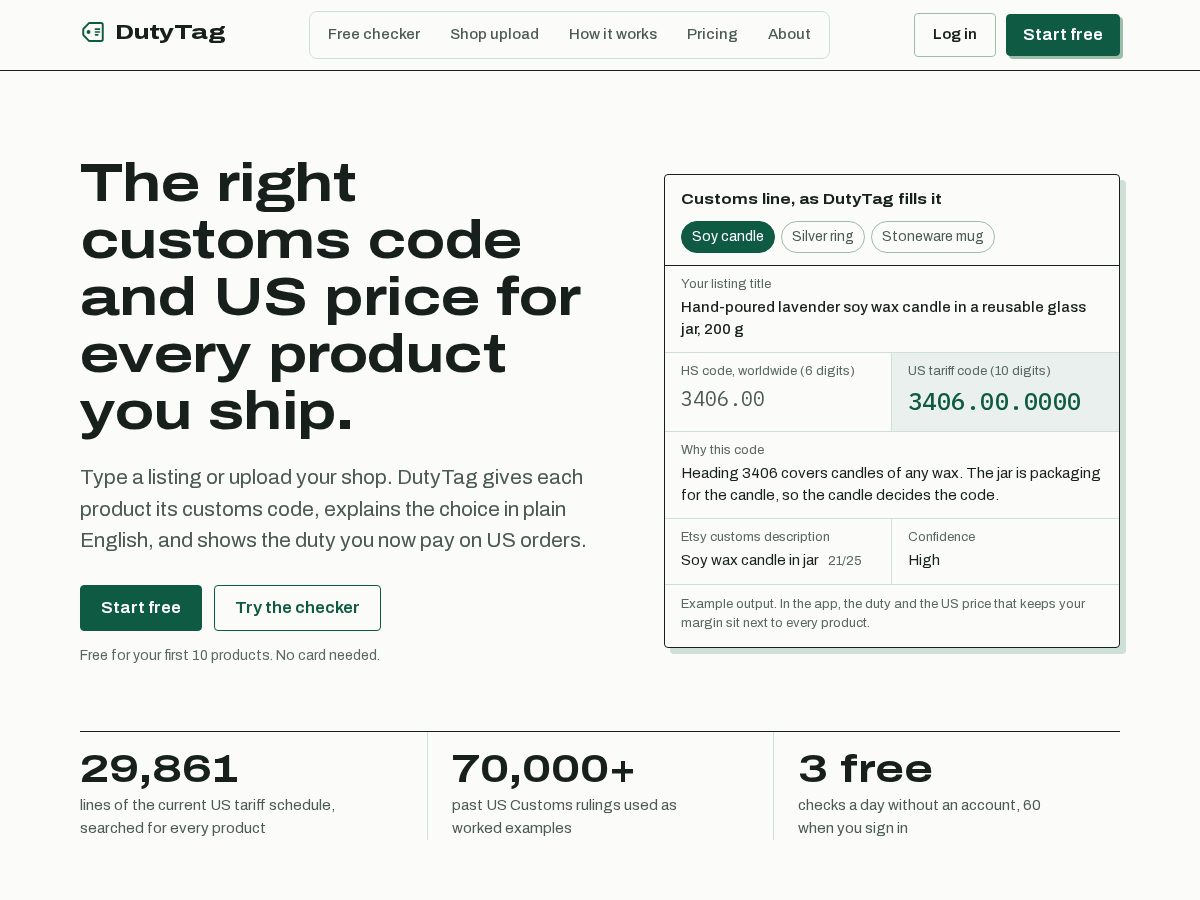 Landing-page snapshot of dutytag.com