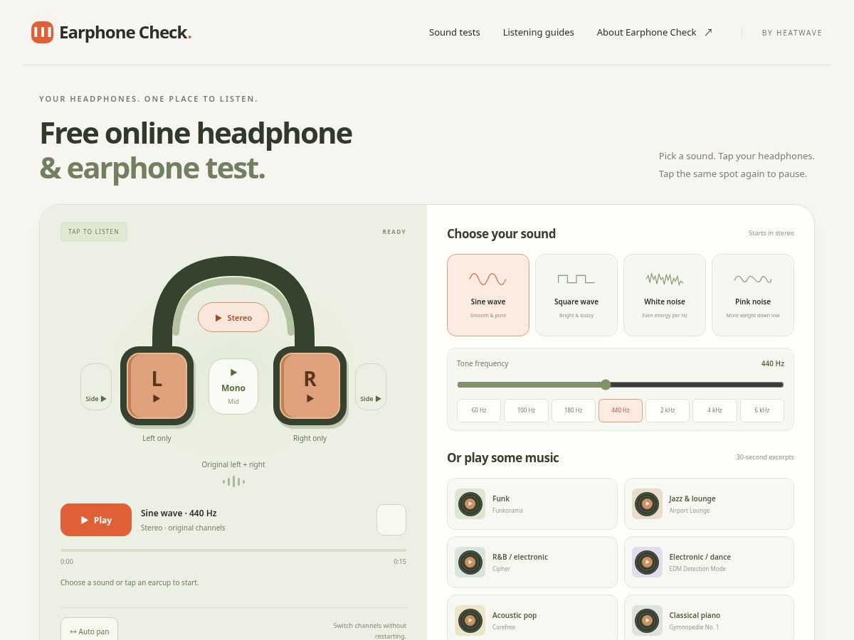 Landing-page snapshot of earphonecheck.com