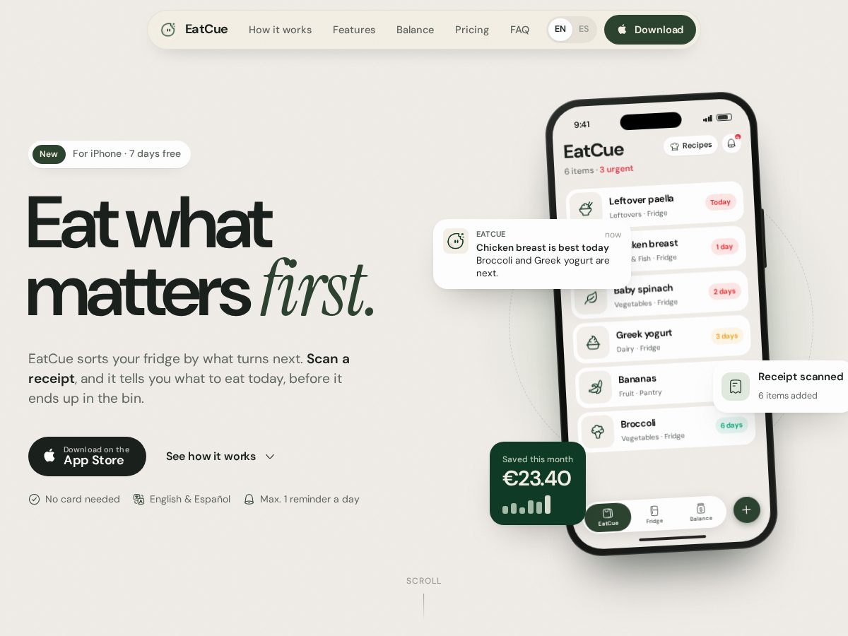 Landing-page snapshot of eatcueapp.com