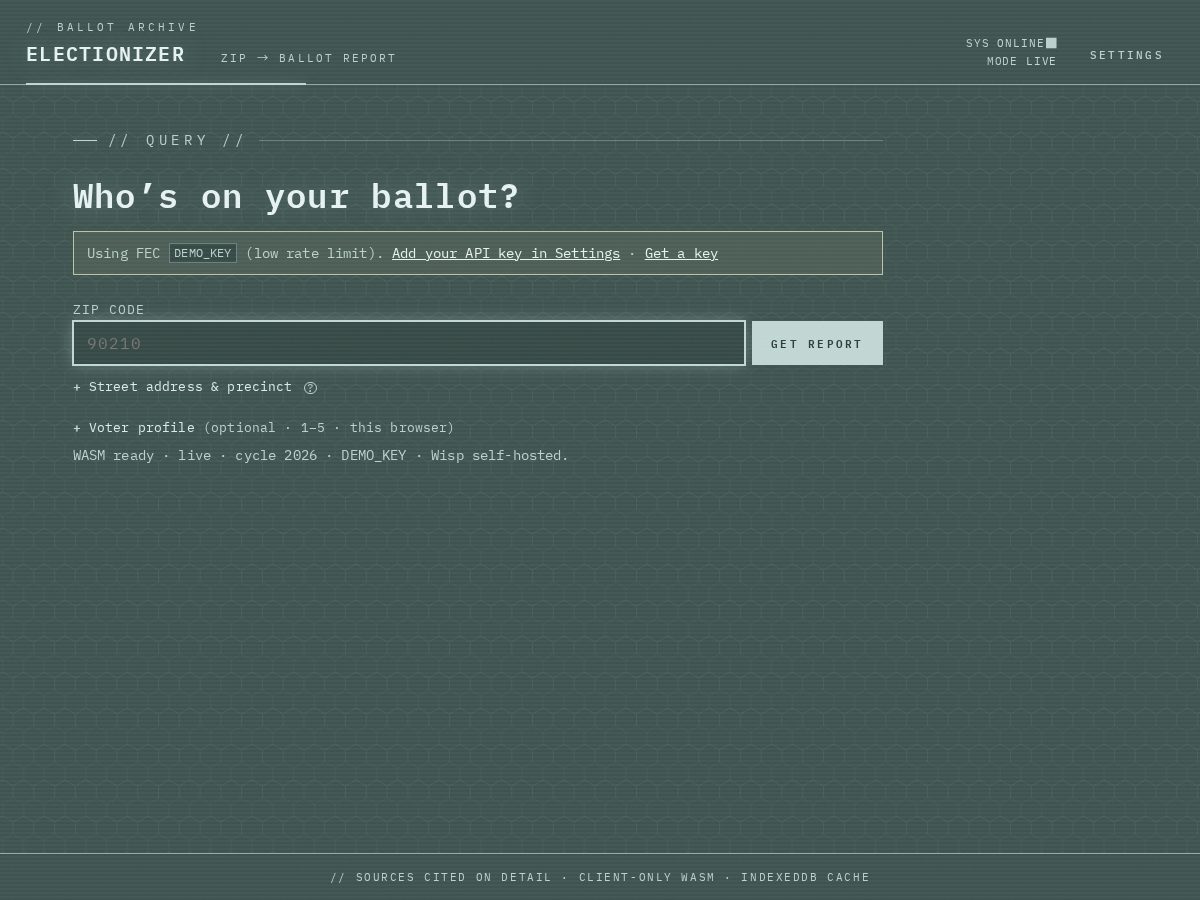 Landing-page snapshot of electionizer.org