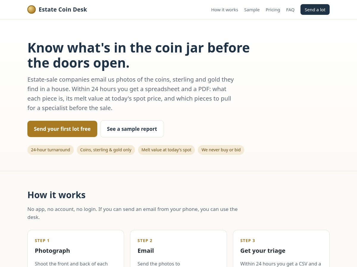 Landing-page snapshot of estatecoindesk.com