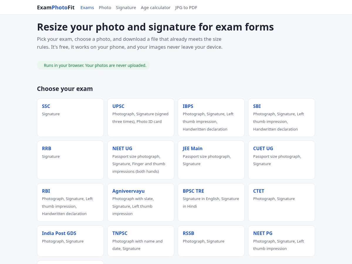 Landing-page snapshot of examphotofit.com