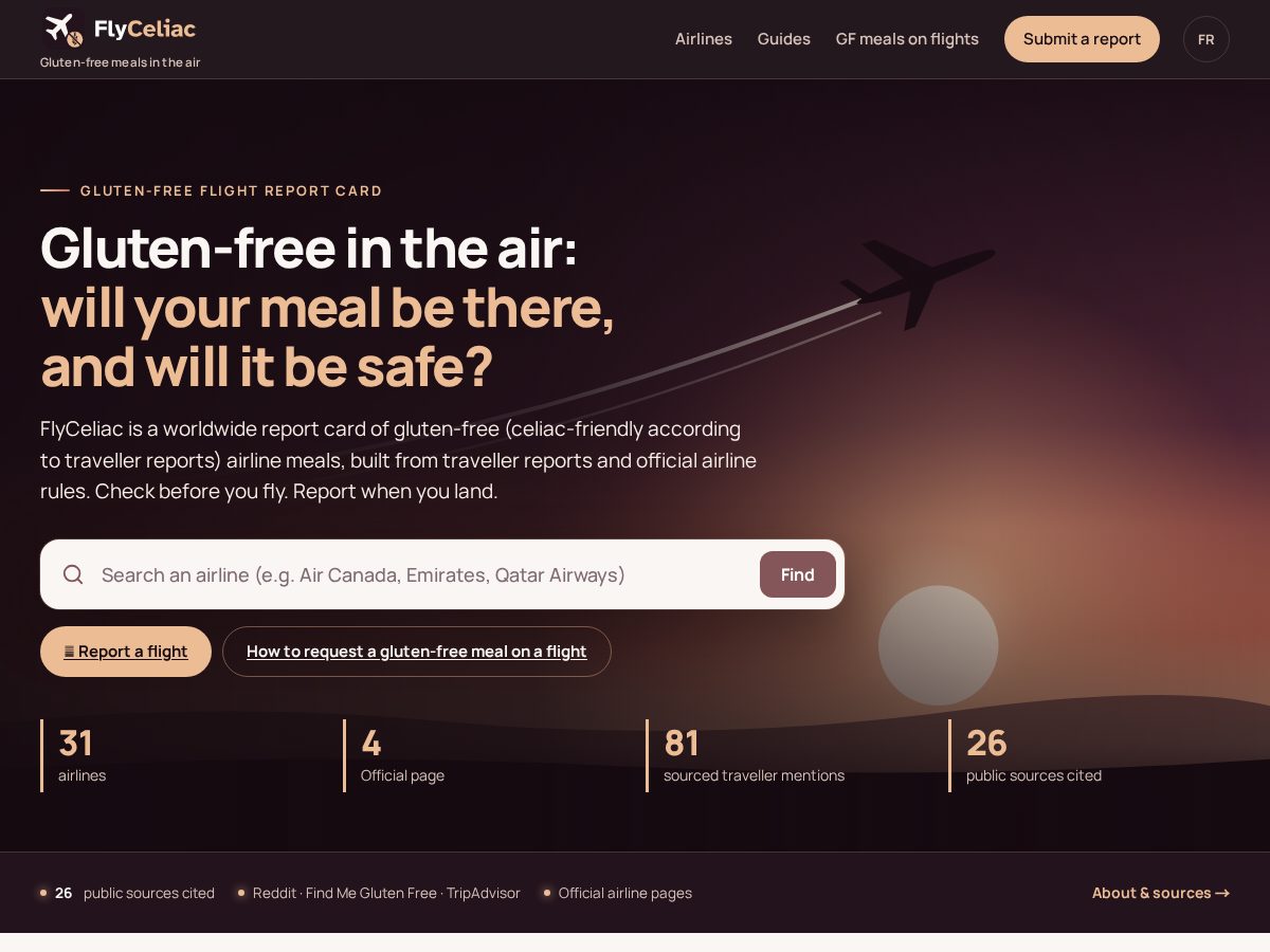 Landing-page snapshot of flycoeliac.com