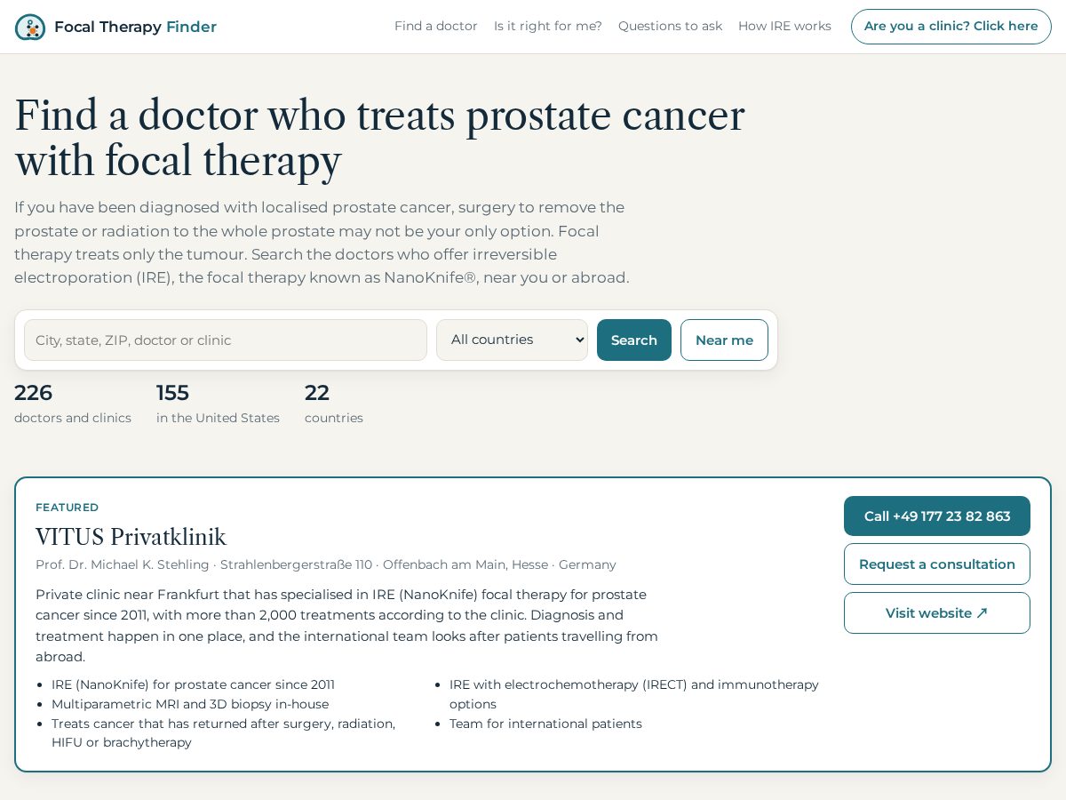 Landing-page snapshot of focaltherapyfinder.com