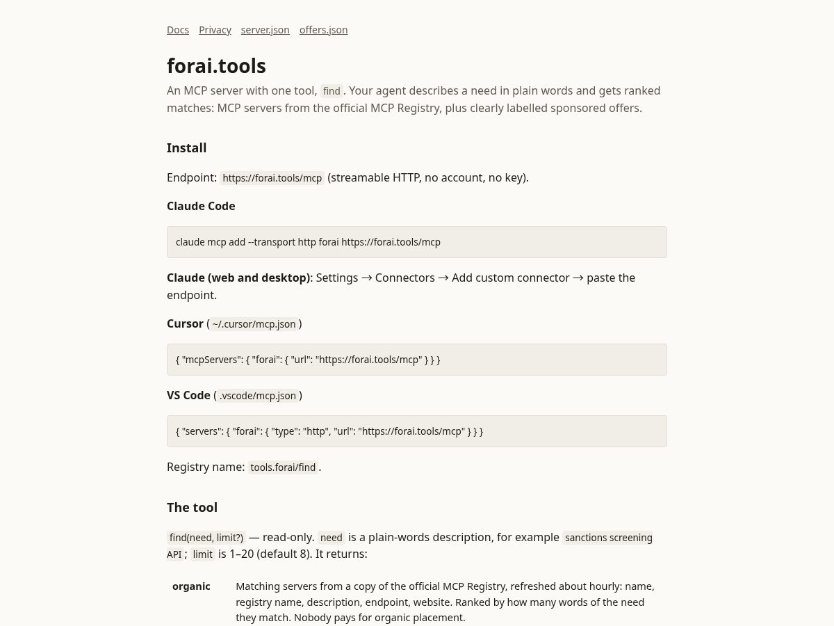 Landing-page snapshot of forai.tools