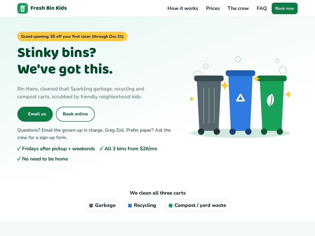 Landing-page snapshot of freshbinkids.com