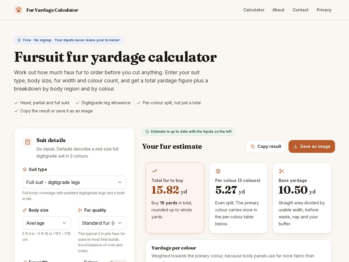 Landing-page snapshot of fursuitcalculator.com