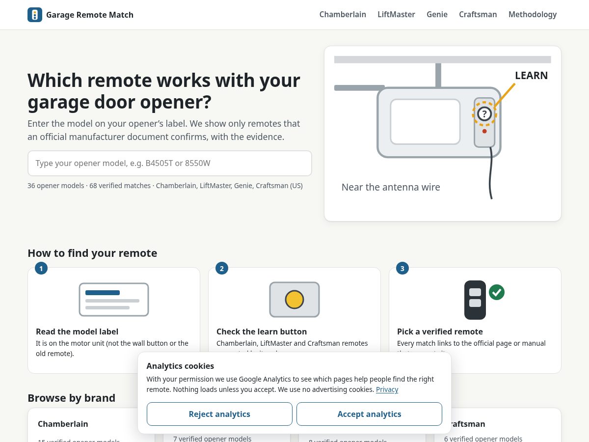 Landing-page snapshot of garageremotematch.com