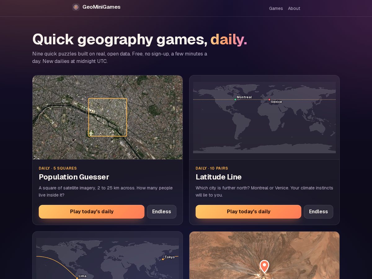 Landing-page snapshot of geominigames.com