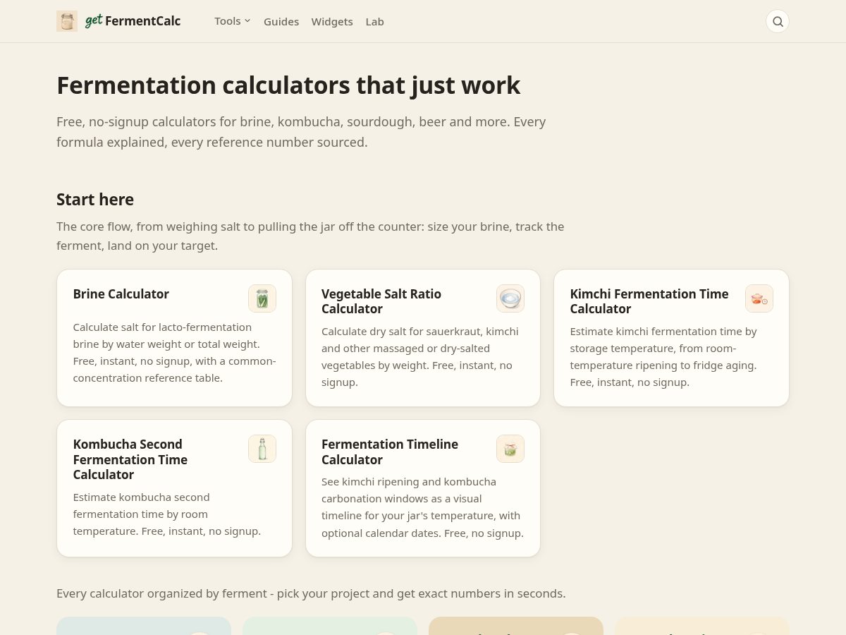 Landing-page snapshot of getfermentcalc.com