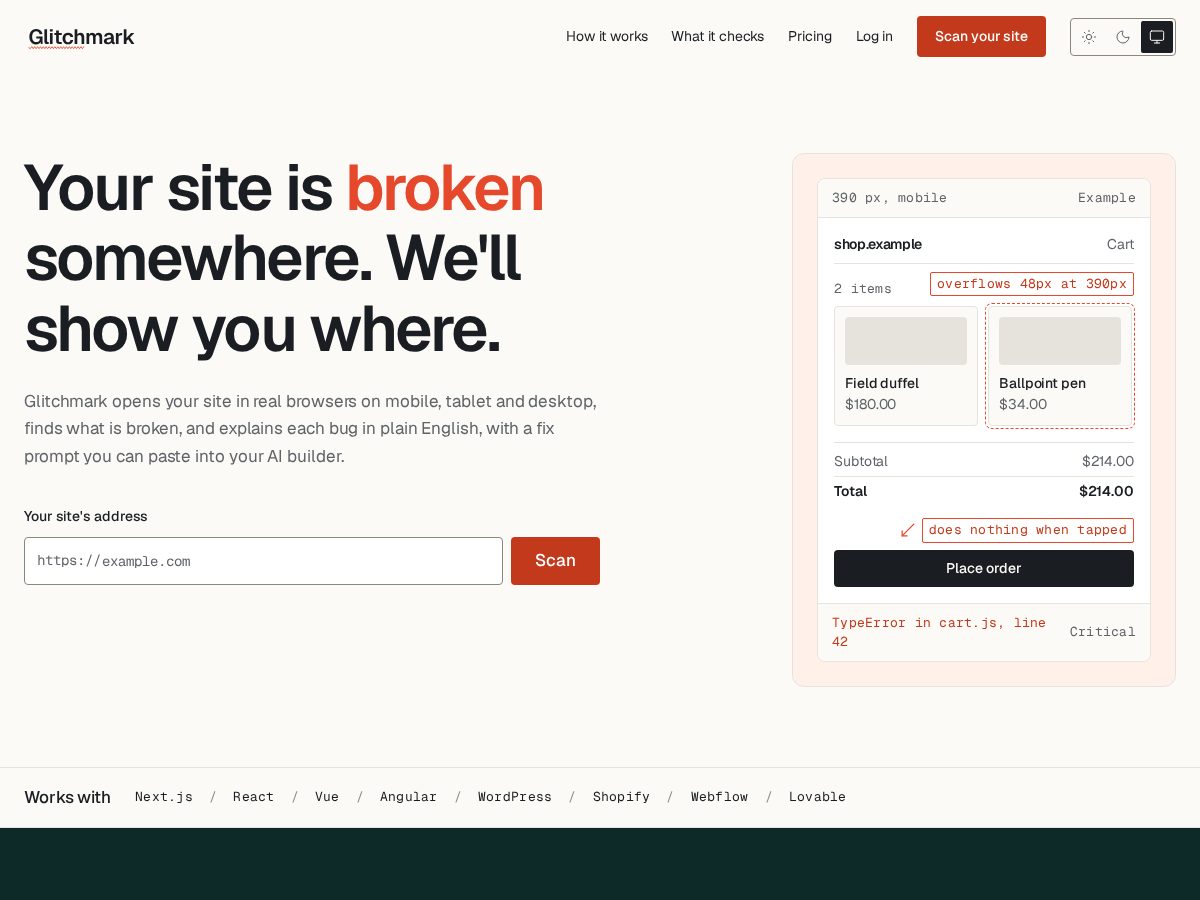Landing-page snapshot of getglitchmark.com