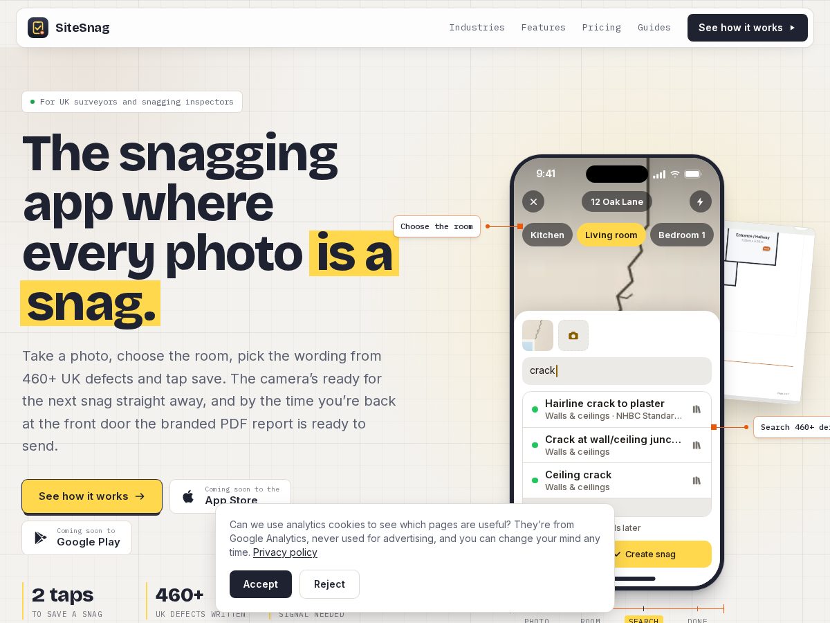Landing-page snapshot of getsitesnag.com
