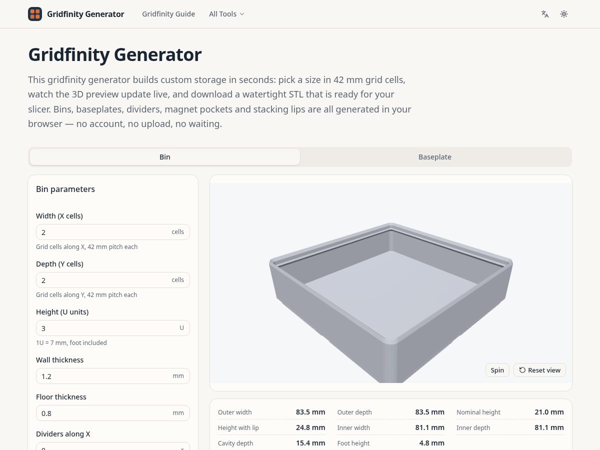 Landing-page snapshot of gridfinitygenerator.online