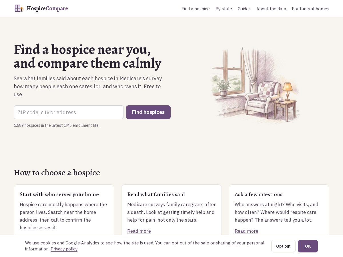 Landing-page snapshot of hospicecompare.org
