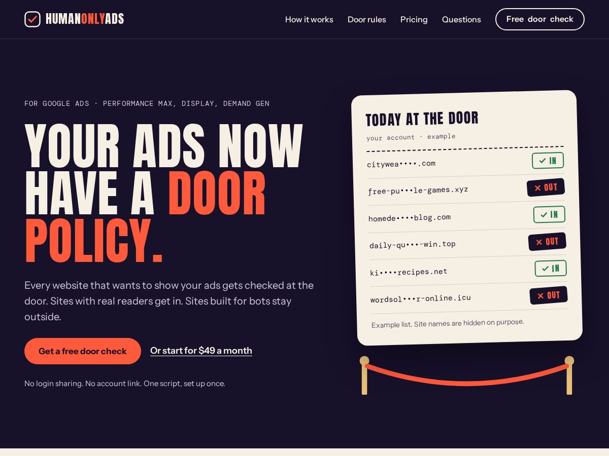 Landing-page snapshot of humanonlyads.com