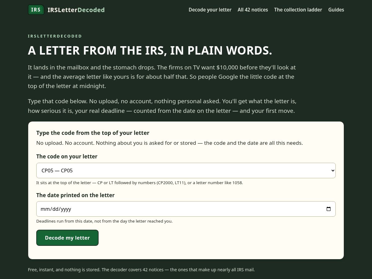 Landing-page snapshot of irsletterdecoded.com