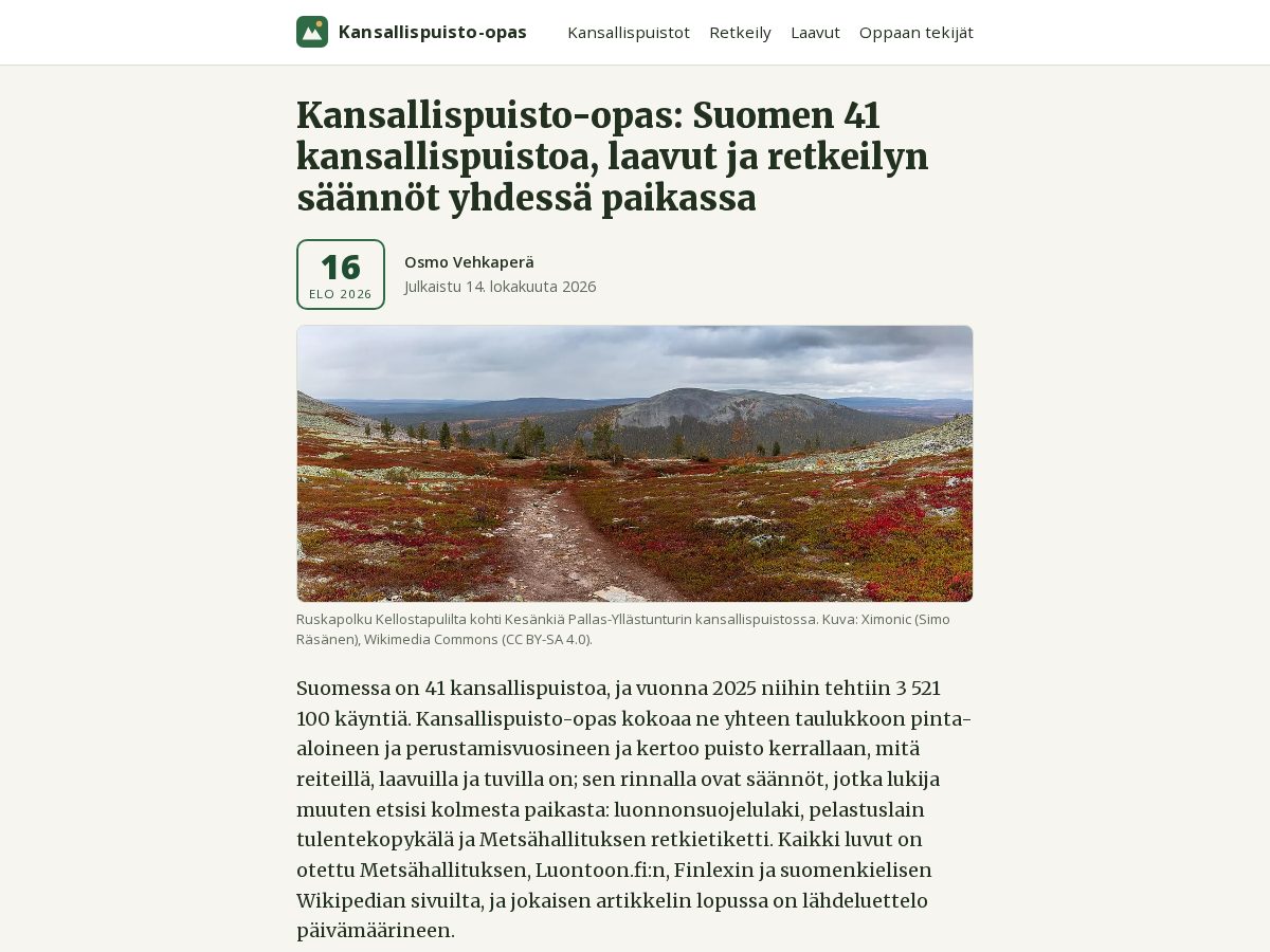 Landing-page snapshot of kansallispuistoopas.com