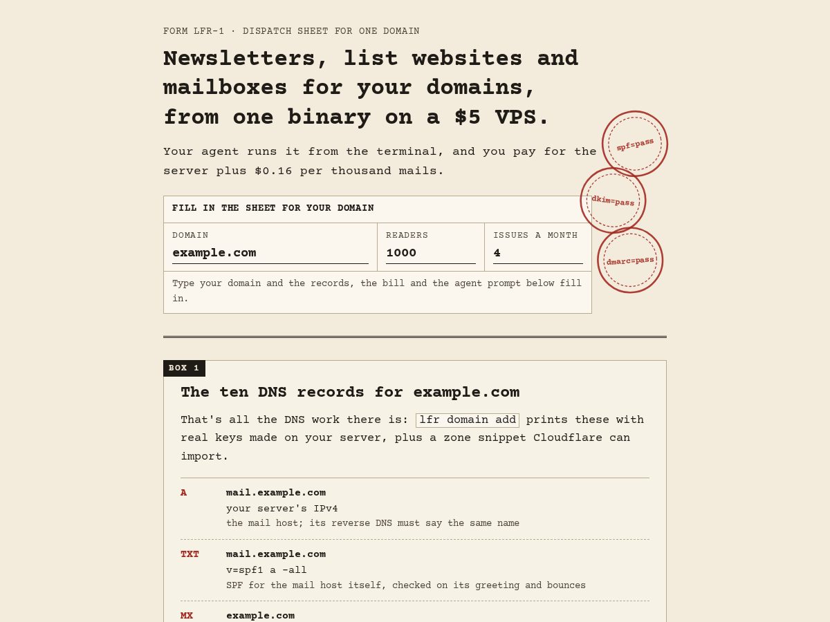 Landing-page snapshot of lfr.email