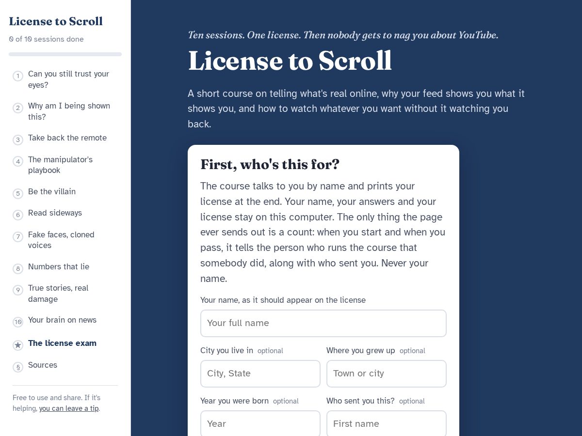 Landing-page snapshot of licensetoscroll.com