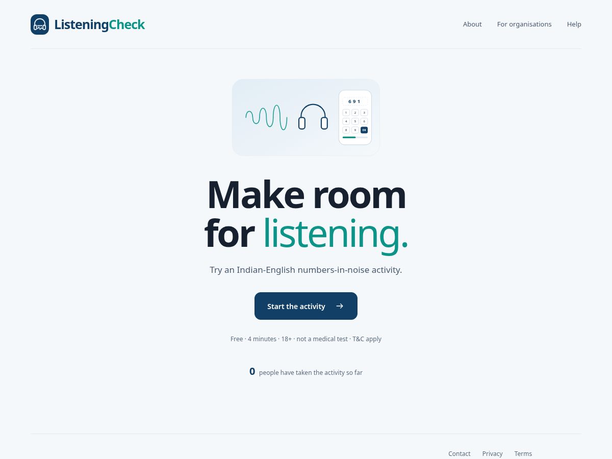 Landing-page snapshot of listeningcheck.com