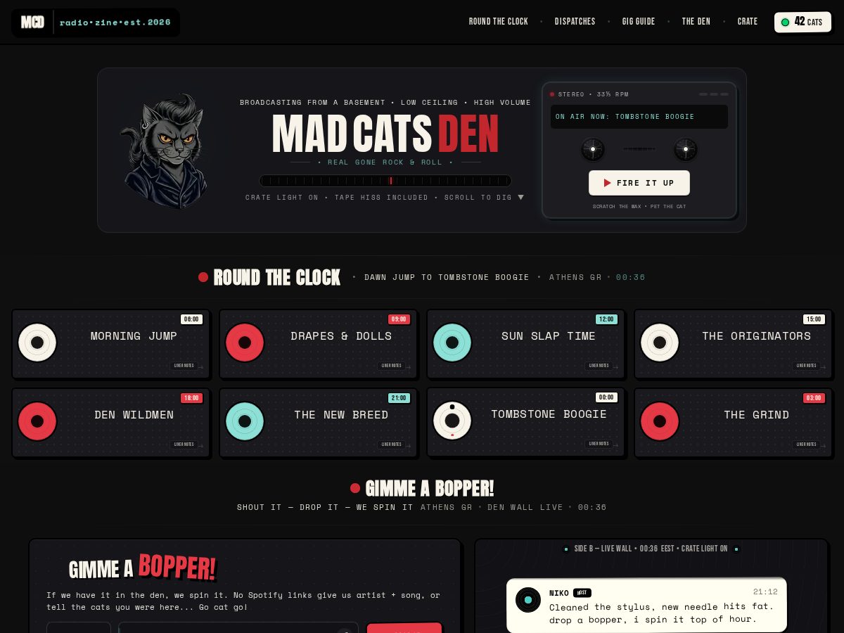 Landing-page snapshot of madcatsdenradio.com