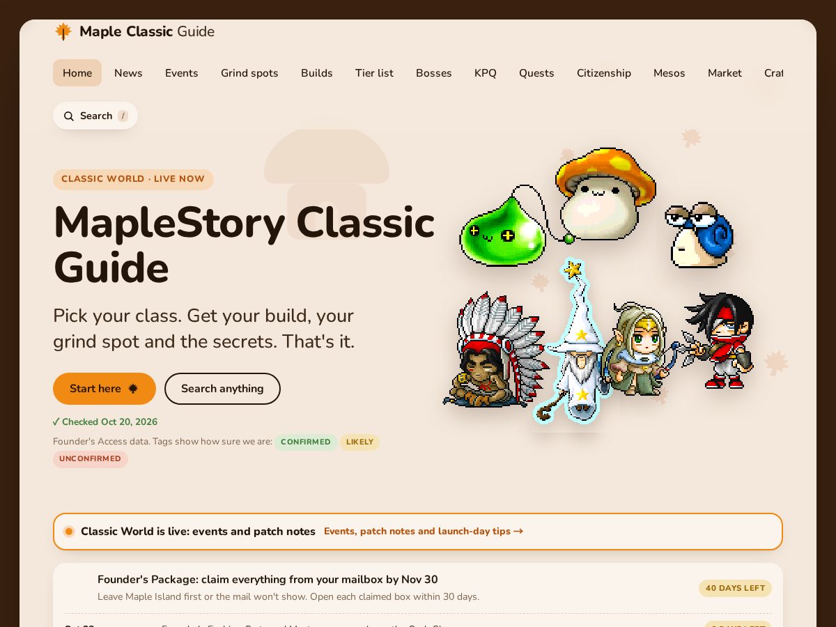 Landing-page snapshot of mapleclassicguide.com