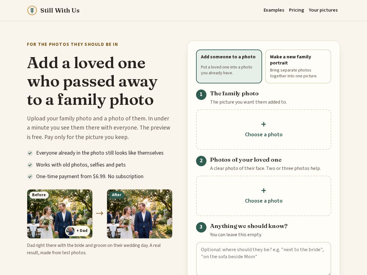 Landing-page snapshot of memorialphotomaker.com