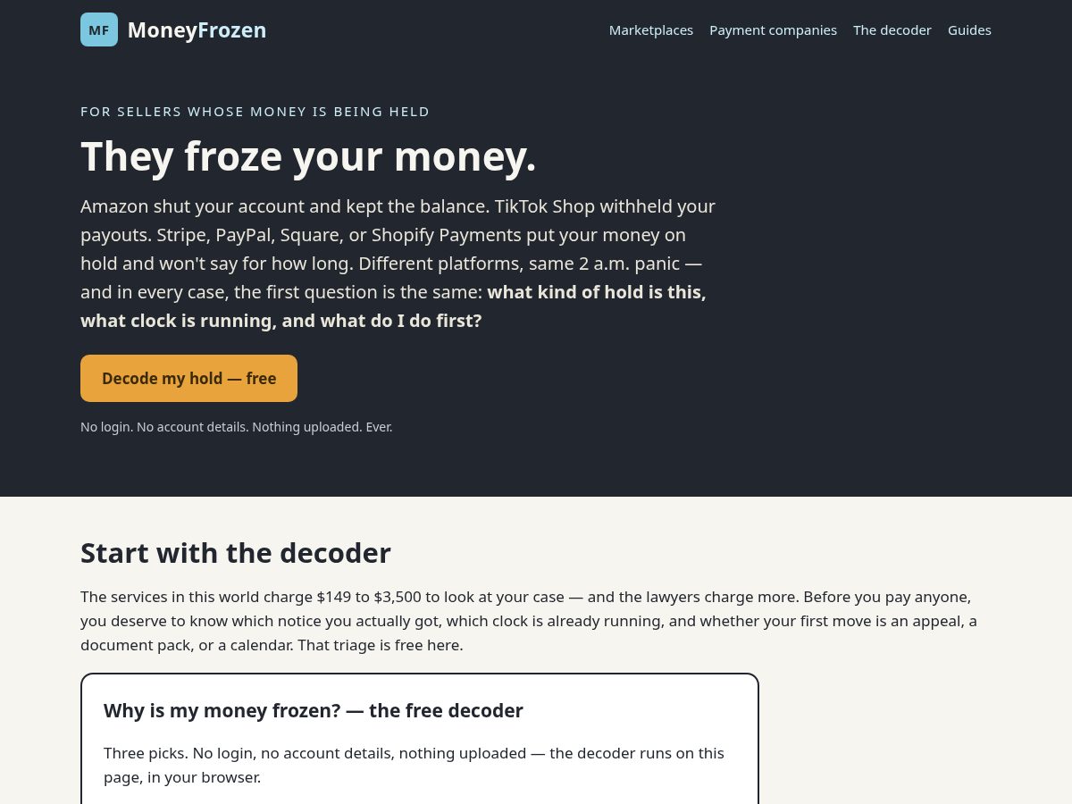 Landing-page snapshot of moneyfrozen.com