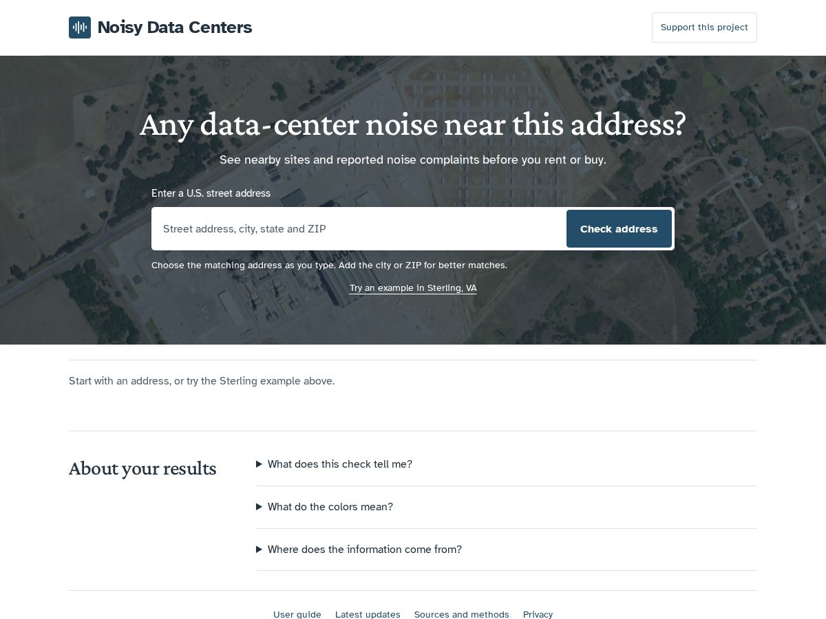 Landing-page snapshot of noisydatacenters.com