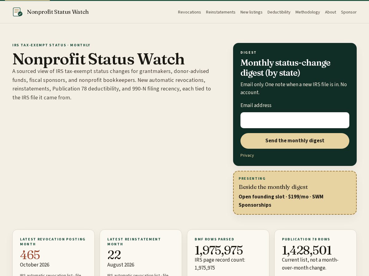 Landing-page snapshot of nonprofitstatuswatch.com