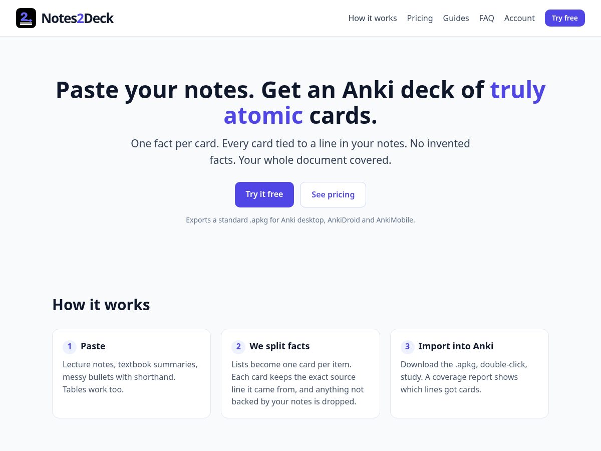 Landing-page snapshot of notes2deck.com