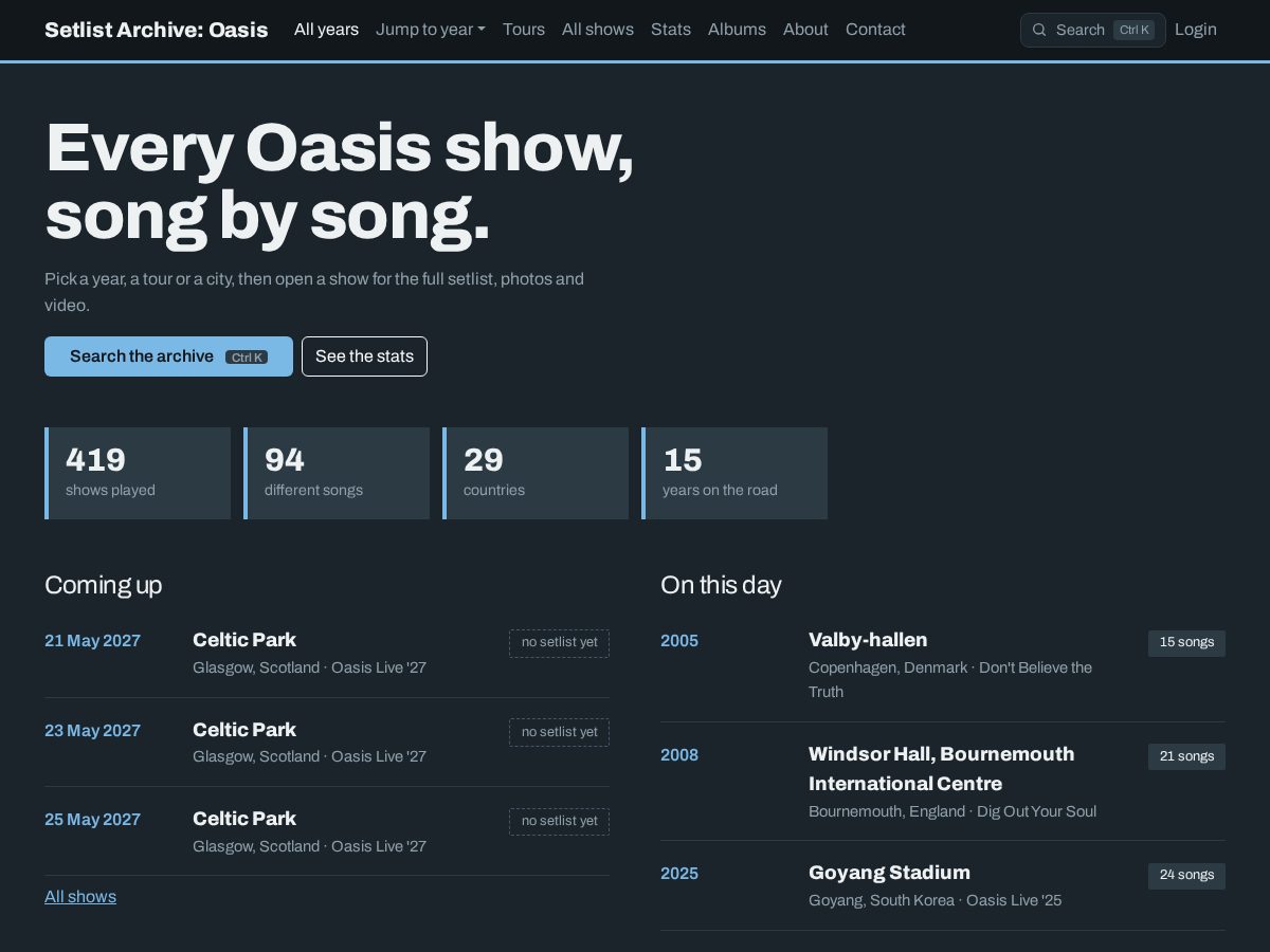 Landing-page snapshot of oasissetlists.com