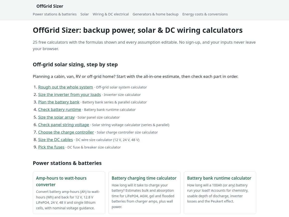 Landing-page snapshot of offgridsizer.com