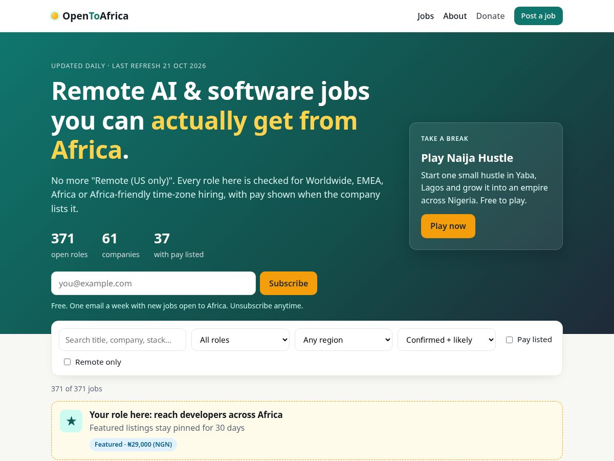 Landing-page snapshot of opentoafrica.com