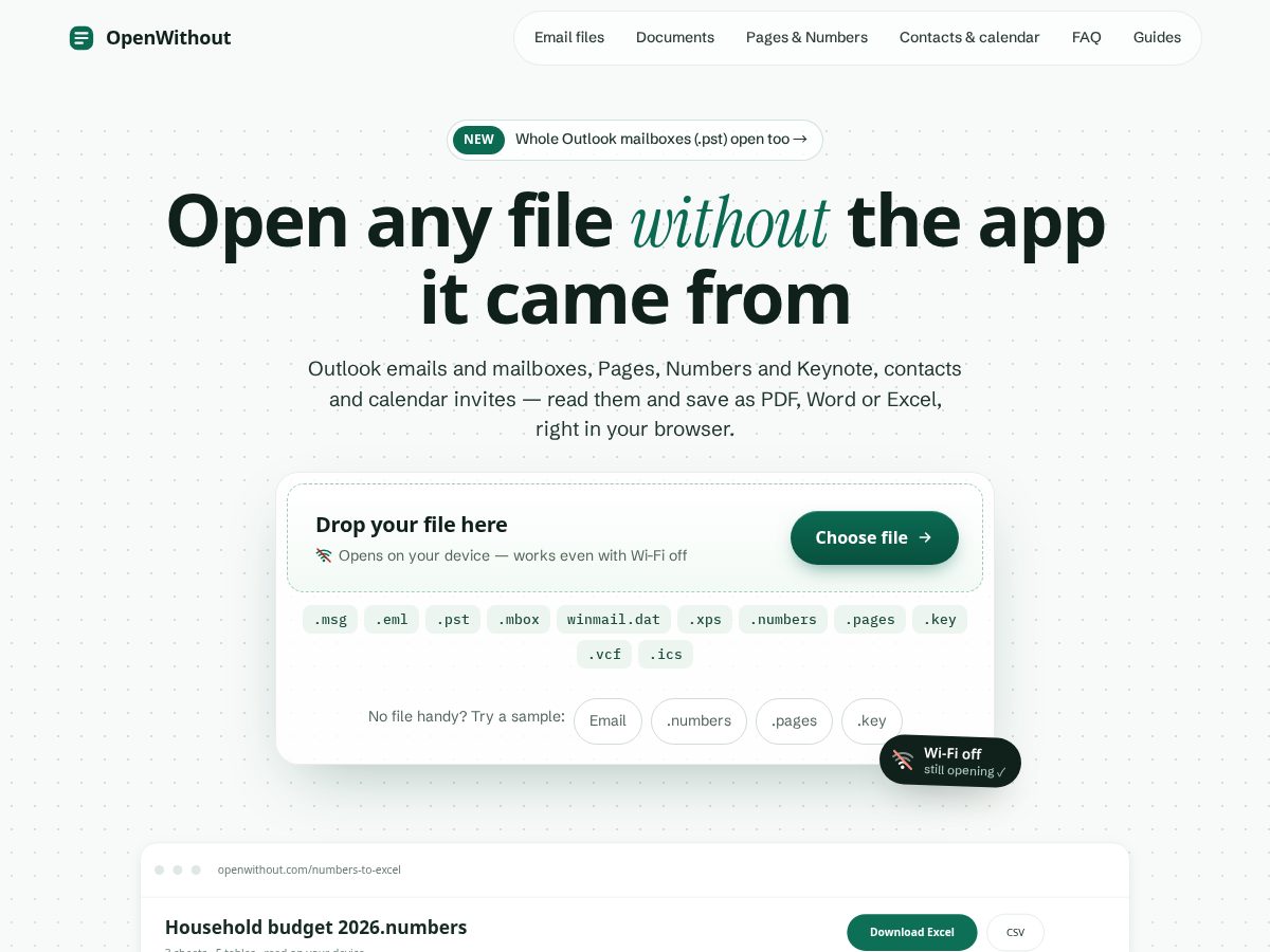 Landing-page snapshot of openwithout.com