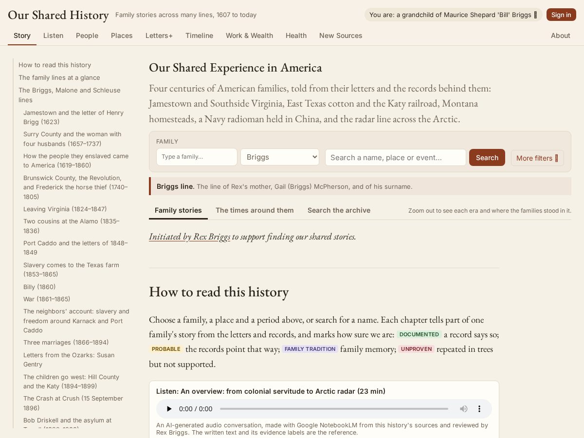 Landing-page snapshot of oursharedhistory.net