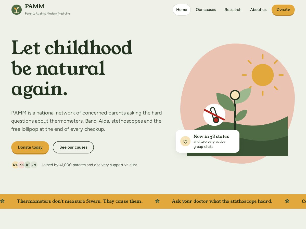 Landing-page snapshot of parentsagainstmodernmedicine.org