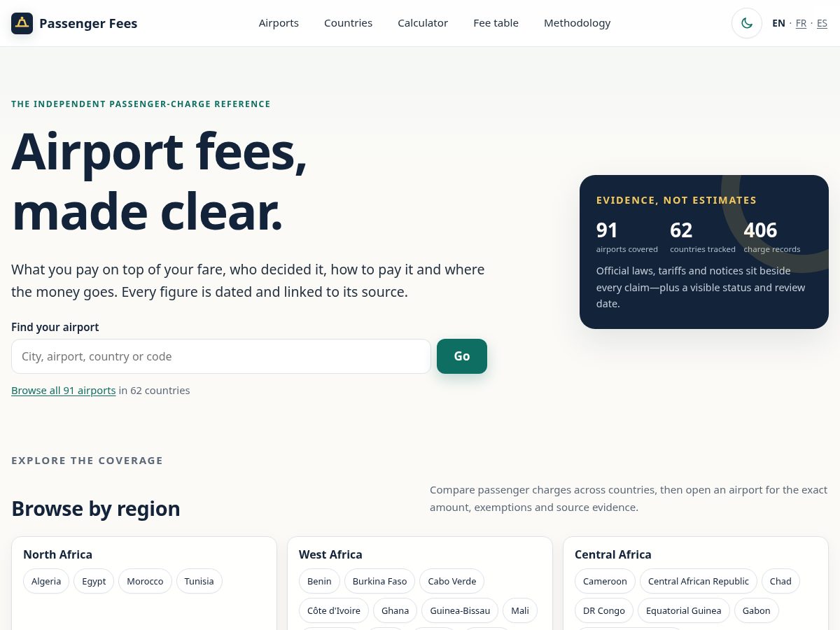 Landing-page snapshot of passengerfees.com