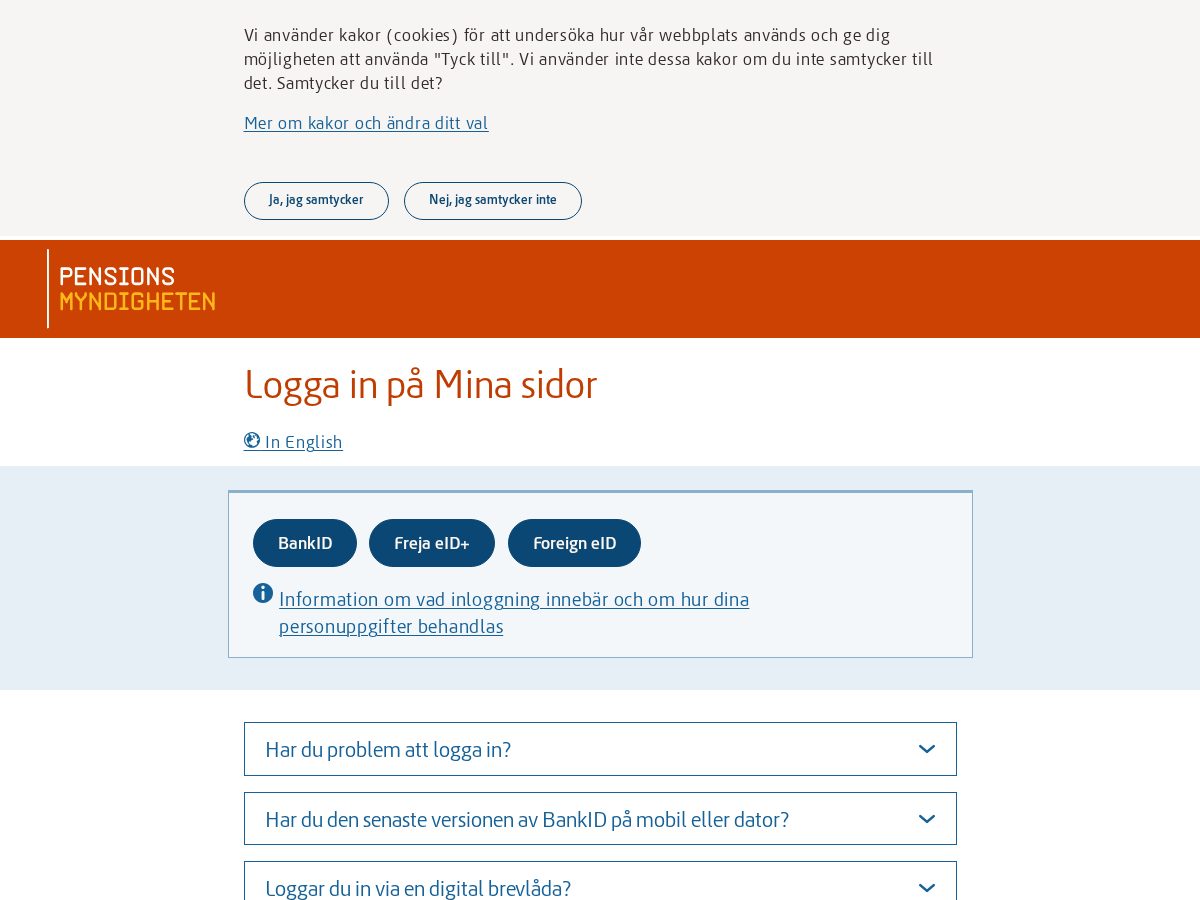 Landing-page snapshot of pensionsmyndighetense.com