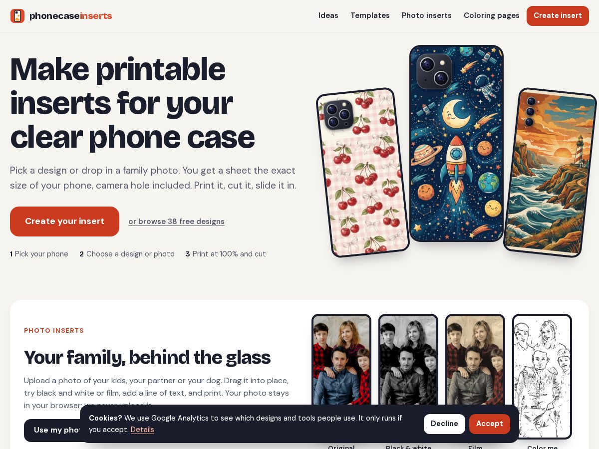 Landing-page snapshot of phonecaseinserts.com